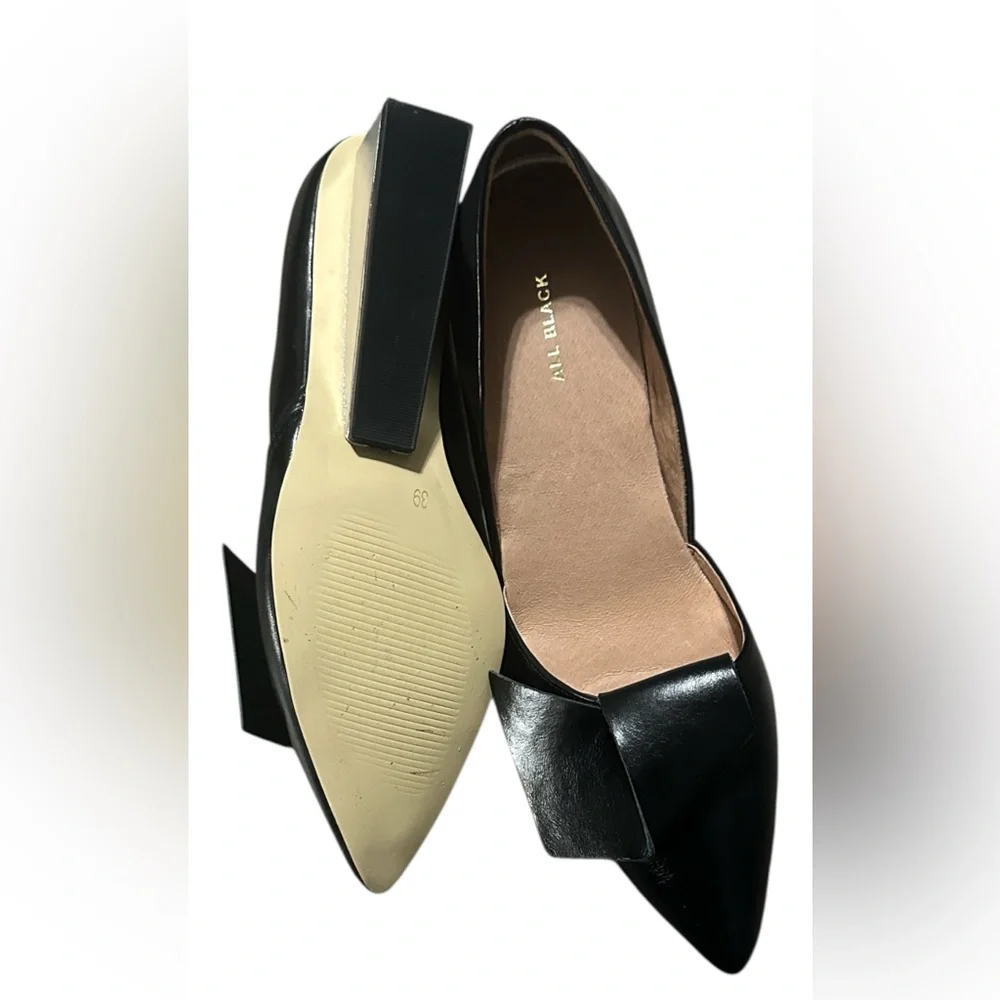 Like New Luxury Black Leather Wedge Heels – Half Bow – $215 Retail.